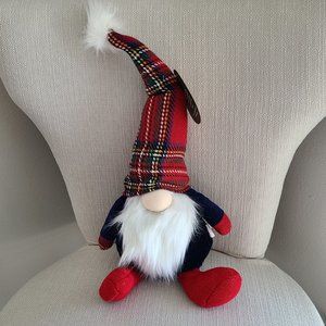 No Eyes Sitting Gnome, Blue, Red, Plaid, 17 inches When Sitting, New